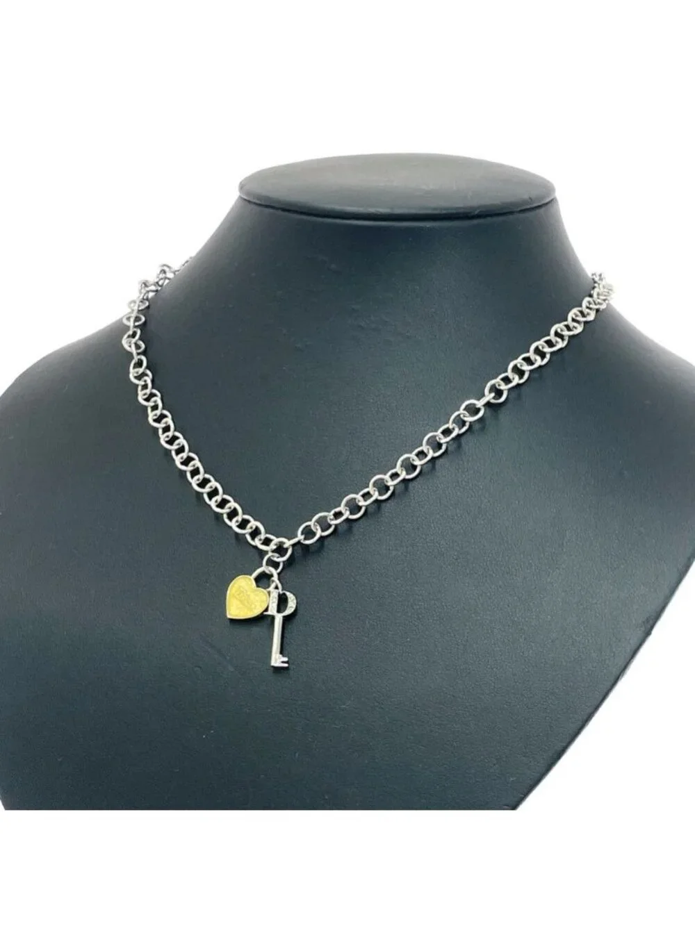 Dior Metal Rhinestone Heart Padlock Key Necklace Silver